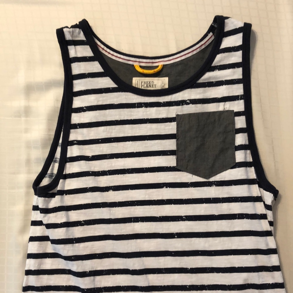 Young Men tank top. Navy stripes. Small. Worn a few times before he outgrew it.